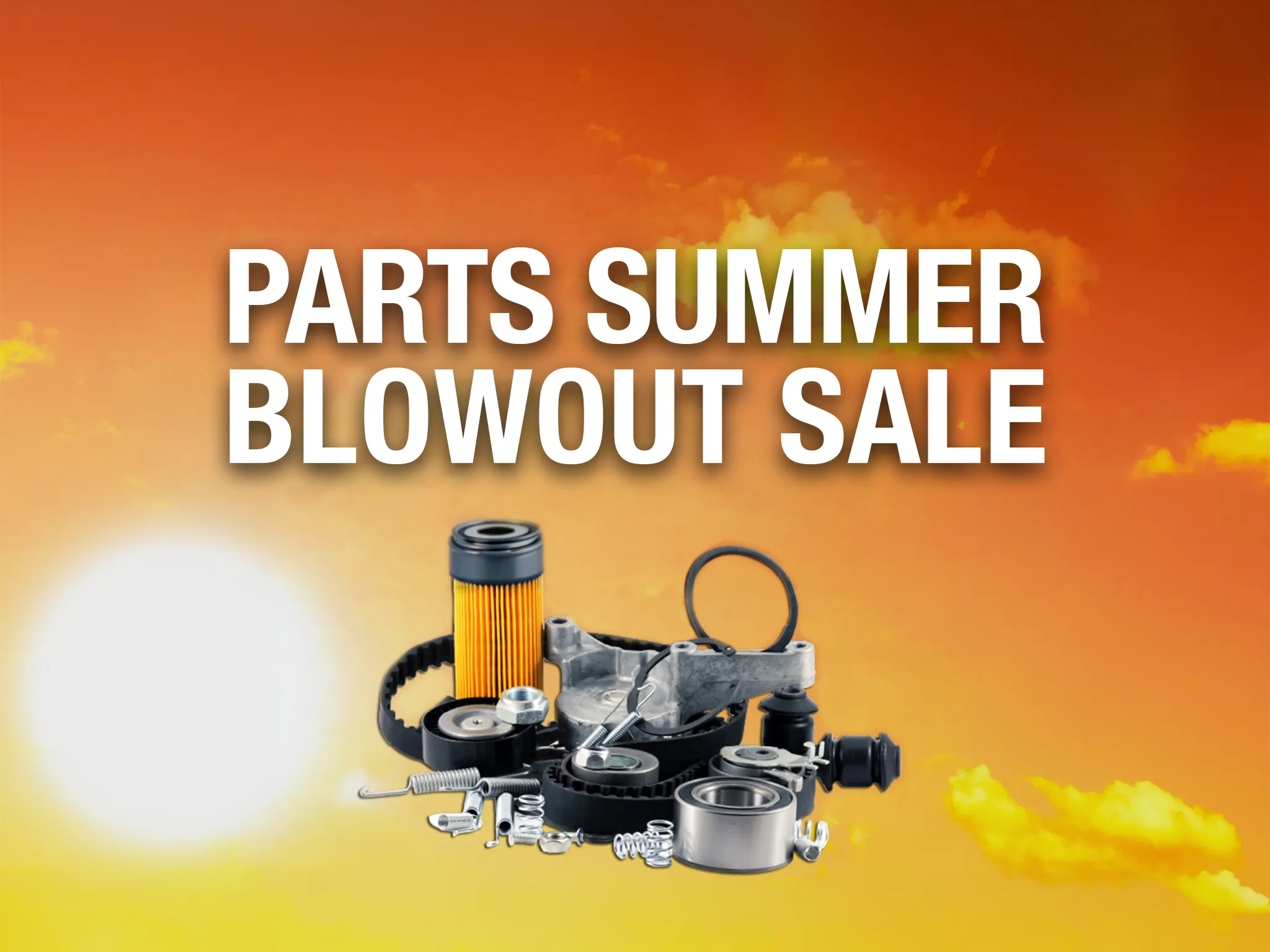 summer blowout sale text with vehicle parts and sun behind it